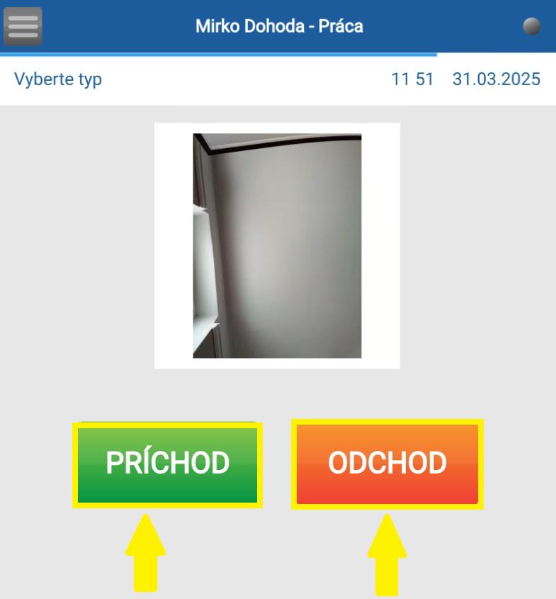 Výber typu prístupu príchod/odchod na tablete