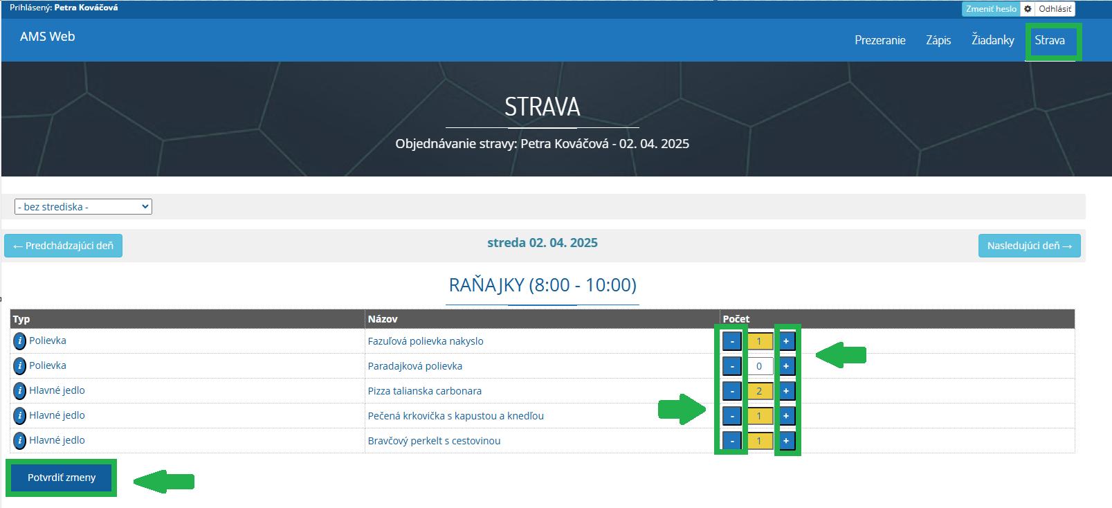 AMS WEB - Strava - objednávka - zmeny