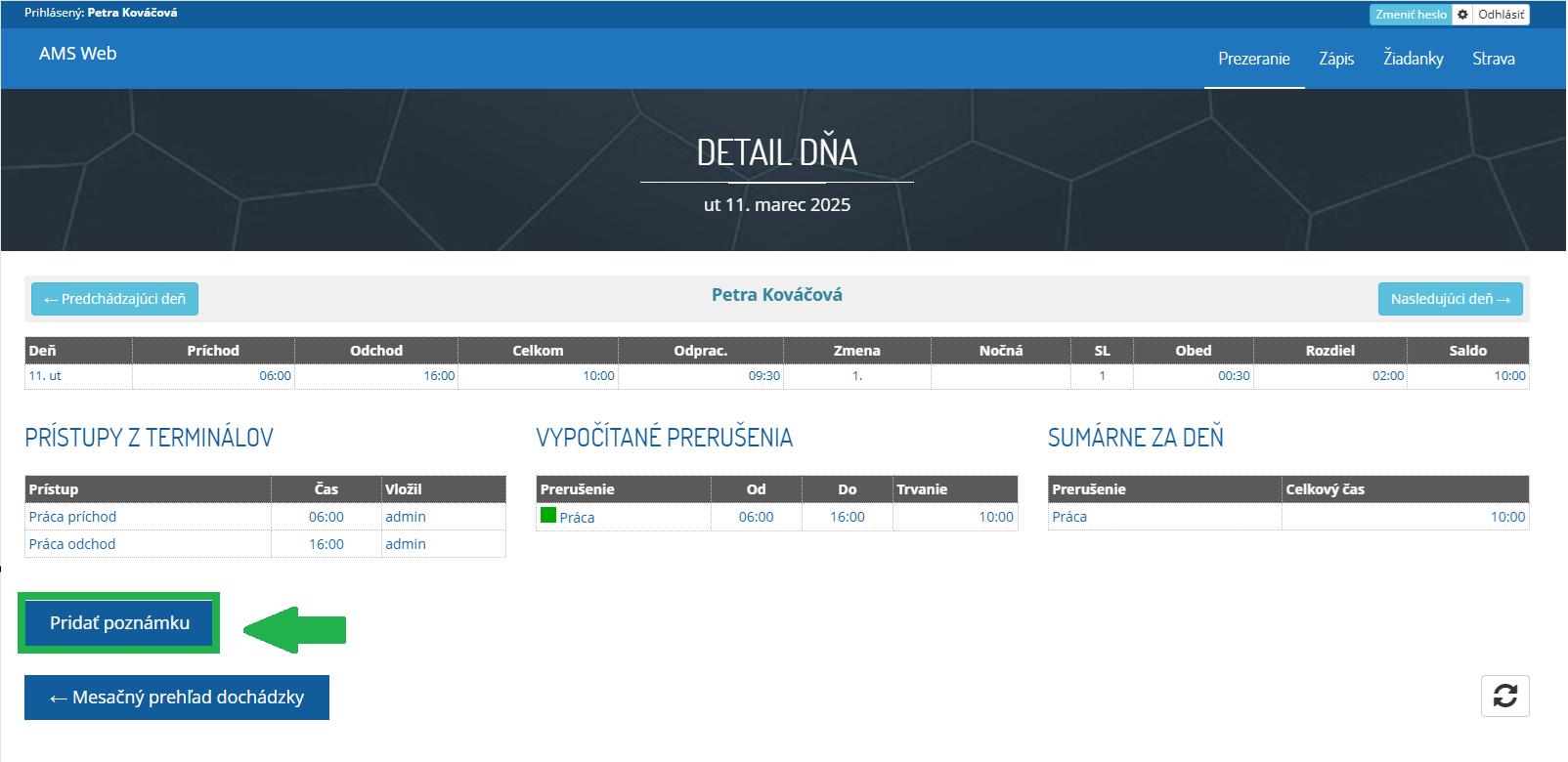 AMS WEB - detail dňa - pridať poznámku