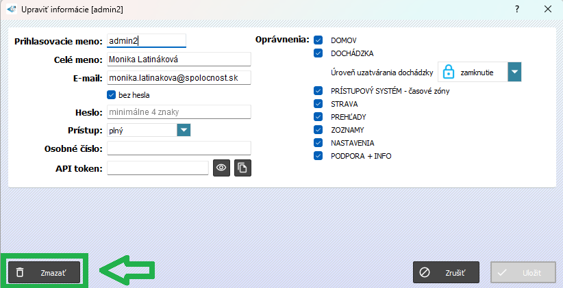 Zoznamy - Administrátori - karta admina - zmazať