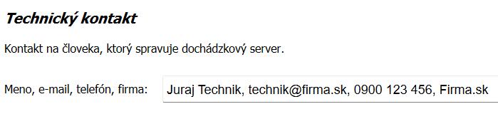 Nastavenia - Dochádzkový server - Technický kontakt